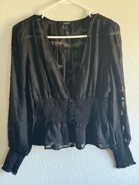 Vintage Forever 21 Black Sheer V-Neck Smocked Waist Blouse